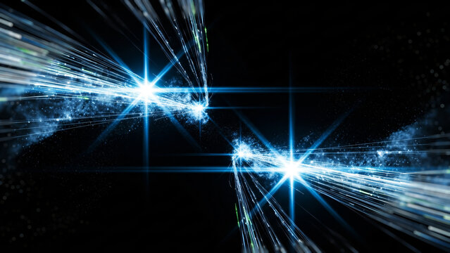 高速な光の筋とエネルギーが交差する青いサイバー空間の抽象背景