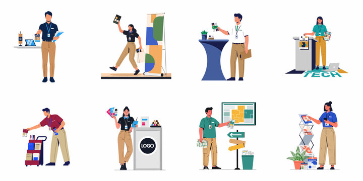 Flat vector illustrations of event promoters and exhibition staff working at trade shows, conferences, and registration desks, assisting guests and distributing information.
