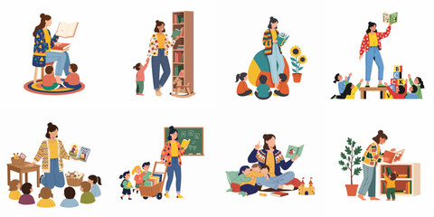 Diverse collection of flat illustrations depicting teachers and children engaged in storytelling, reading, and learning activities in preschool and daycare settings.