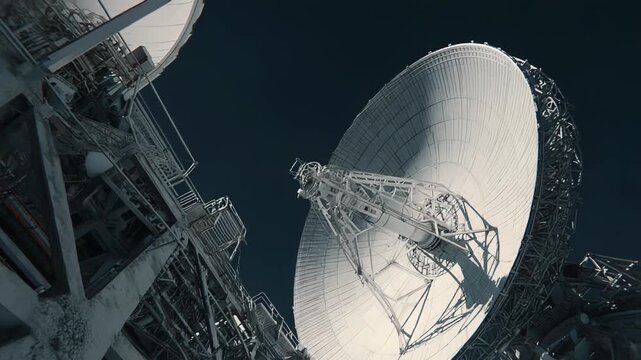 Large satellite dish array tracking and receiving signals, facilitating global scientific research and contributing to advanced observation of universe and unknown worlds