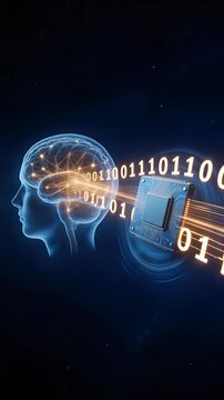 Futuristic Artificial Intelligence Concept with Human Brain Silhouette Connecting to Computer Microchip via Binary Data Streams
