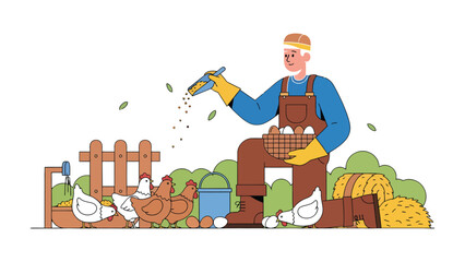 A Farmer's Daily Task: A dedicated farmer, dressed in overalls and gloves, is depicted meticulously feeding the chickens in the coop and gathering eggs, embodying the essence of rural life. © hafs121