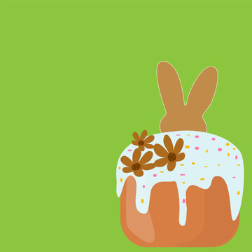Easter cake with bunny ears vector illustration on green background. Traditional pascha bread with white glaze and chocolate flowers. Festive greeting card template with large copy space