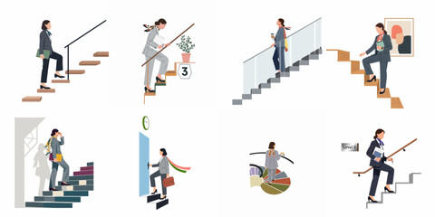 Fototapeta premium Set of illustrations showing a professional businesswoman climbing various stairs, symbolizing career progression, ambition, and success in a modern office environment.