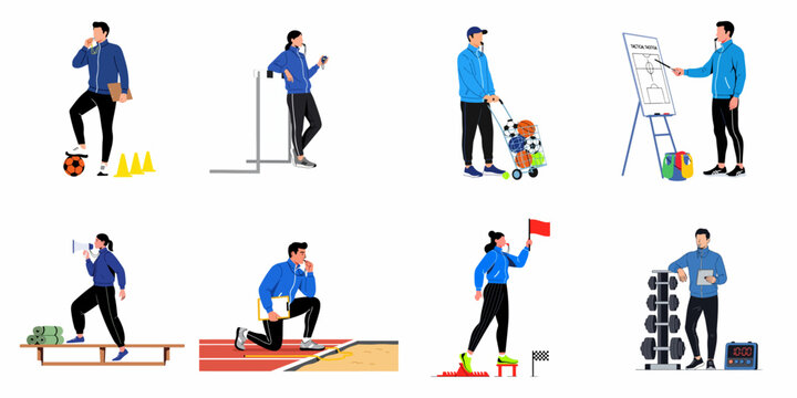 Set of sports coaches and physical education instructors in various training scenarios, vector flat illustration.