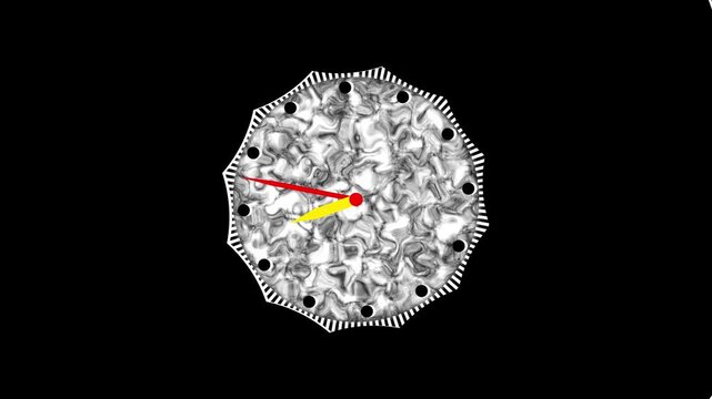 Abstract textured clock face with red and yellow hands. Clock face with textured design shines on black background. Red and yellow hands enhance abstract clock face.