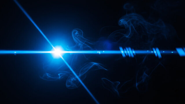暗闇に輝く青いレンズフレアとレーザービームの抽象的な背景素材