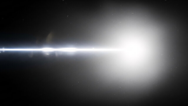 黒背景に輝くシネマティックな白い光のビームとレンズフレア