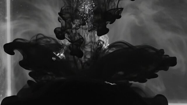 Black ink dissolving and swirling underwater creating abstract patterns in slow motion against a smoky background