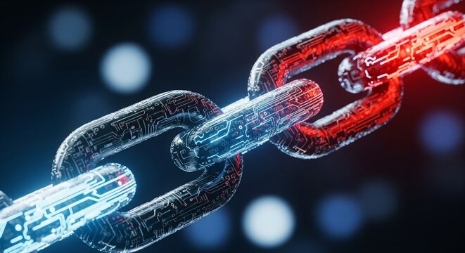 Abstract digital blockchain network concept with glowing circuit board links illuminated by blue