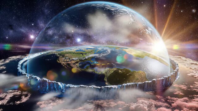 Flat Earth Dome Model with Ice Wall and Sun in Space