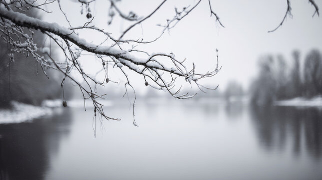 Snow covered branches of a deciduous tree foregrounding a tranquil river with faint reflections of distant trees, creating a serene winter scene
