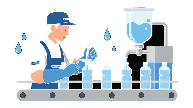 Bottling Process: A factory worker meticulously operates machinery in a water bottling plant, expertly filling transparent plastic bottles on a conveyor belt