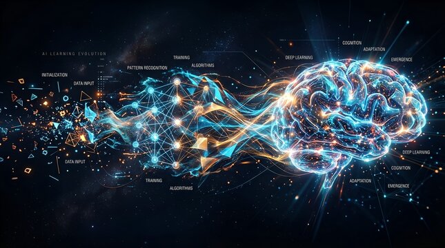 A captivating digital visualization illustrates the intricate processes of artificial intelligence, machine learning, and cognitive evolution, showing data input, algorithms