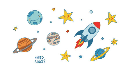 Colorful illustration of rocket and planets. © Suryaaji