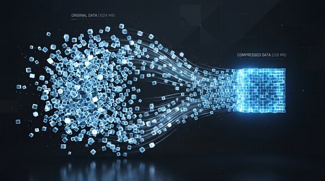 Abstract visualization showing digital data flowing and compressing from a large scattered mass into a smaller, dense, organized cube, illustrating efficient information.