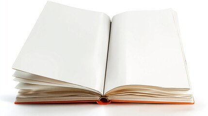 Fototapeta premium Open blank book with white pages and orange cover, positioned on a white background, ideal for design mockups or creative projects requiring empty space