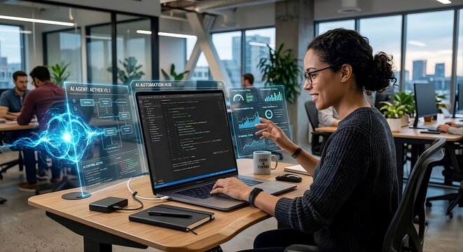A software developer manages an AI agent through holographic interfaces, generating code and analyzing data in a modern, sunlit office.