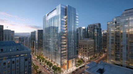Fototapeta premium Modern Glass Building with Urban Landscape and Evening Sky in City Center