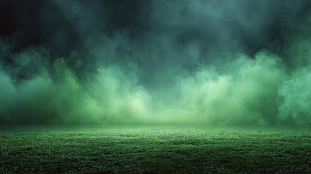 Mysterious green smoke cloud over dark grass field night landscape, eerie foggy atmosphere with toxic vapor haze and dramatic moody light effect background fantasy