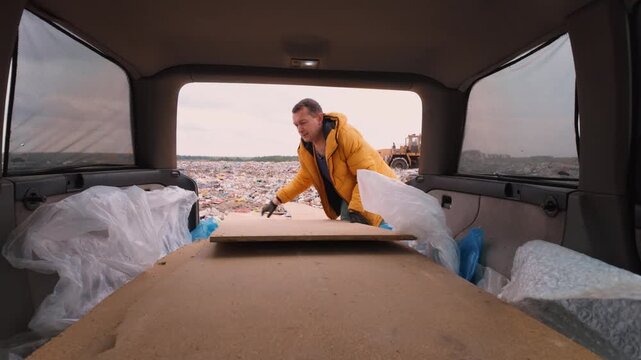 Man Arranging Cardboard Inside Vehicle. A white man prepares recyclable materials inside a car in landfill. A man in yellow jacket neatly arranges waste and cardboard and chipboard for transportation