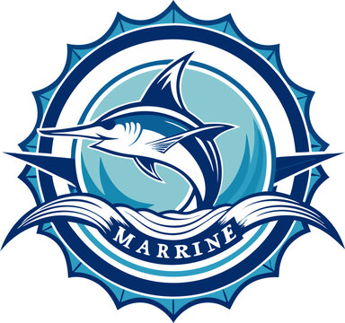 Marline marrrine logo with jumping marlin fish
