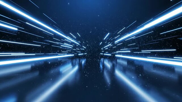 Blue light streaks moving through dark space with particle dust futuristic abstract background animation