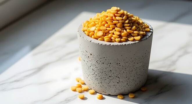 Yellow split peas in a gray speckled bowl on marble surface