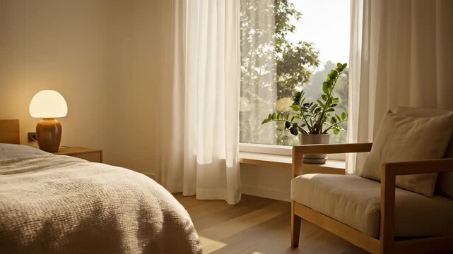 Bright bedroom interior with sunlight window featuring armchair and plant featuring peaceful home and cozy atmosphere