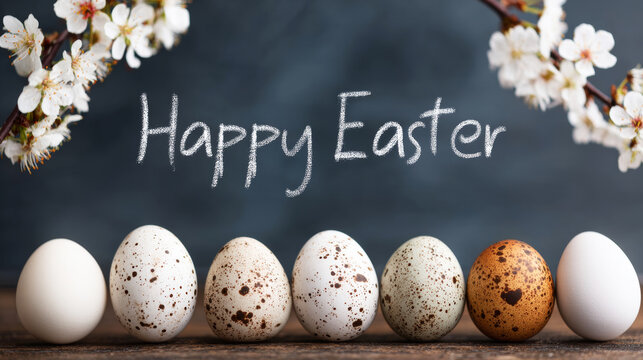 Row of natural speckled and white eggs welcoming a Happy Easter greeting written in chalk with spring flowers