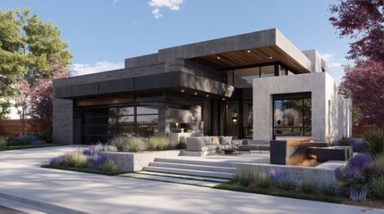 Fototapeta premium Modern Architectural Home Exterior with Elegant Design and Lush Landscaping in a Peaceful Residential Setting