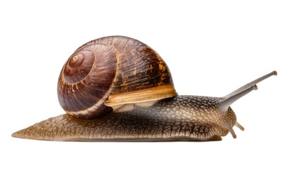 Isolated studio shot of a common garden snail with an extended body and detailed shell. © Iura