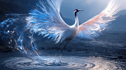 Naklejka premium Mystical Crane Emerges from Water with Ethereal Blue Wings in a Serene Landscape