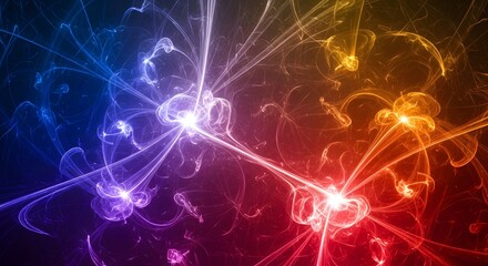 Naklejka premium Stunning abstract light streams radiate with vibrant colorful energy, forming intricate glowing patterns, a futuristic artistic display of dynamic power.