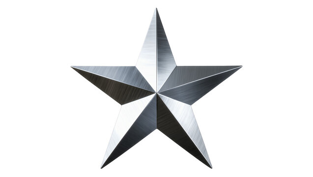 Isolated silver brushed metal star with five points and faceted surfaces, shiny texture