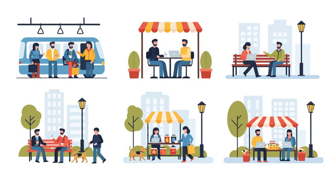People engaging in various daily activities in urban settings.