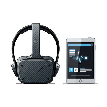 Professional Telehealth Concept with VR Headset and Tablet Displaying Medical Heart Rate Data for Remote Patient Care