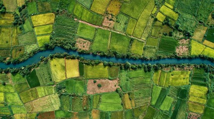 Fototapeta premium Aerial View of Vibrant Agricultural Fields with River Flowing through Lush Green Landscape