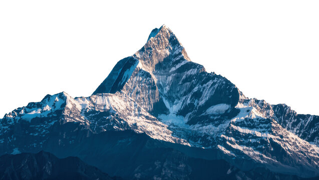 Isolated majestic snow-capped mountain peak with dramatic glaciers and rugged rocky slopes glowing at sunrise