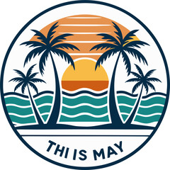 Obraz premium Tropical sunset logo with palm trees and ocean waves