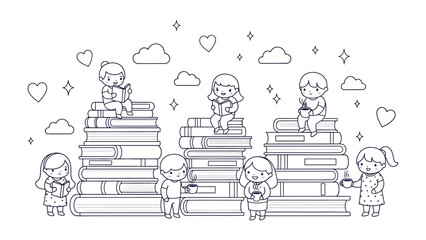 World of Imagination: Captivating illustration of children immersed in the magic of books, surrounded by hearts and clouds. A visual celebration of literature and the joy of reading. © Maira