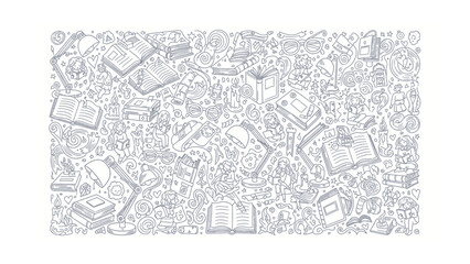 Obraz premium Drawn Library of Knowledge: An intricate hand-drawn illustration showcases an array of books, desk lamps, and scholarly elements, symbolizing the pursuit of knowledge and intellectual curiosity.