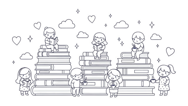 World of Imagination: Captivating illustration of children immersed in the magic of books, surrounded by hearts and clouds. A visual celebration of literature and the joy of reading.