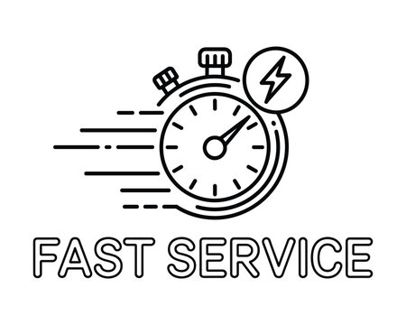 Speedy stopwatch icon with lightning bolt and fast service text signifying quick delivery and efficiency