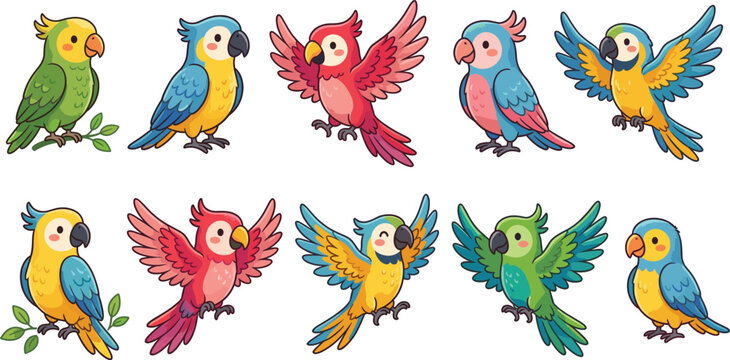 Vibrant Cartoon Parrots in Various Poses with Colorful Feathers for Kids' Illustrations, Tropical, and Animal Designs