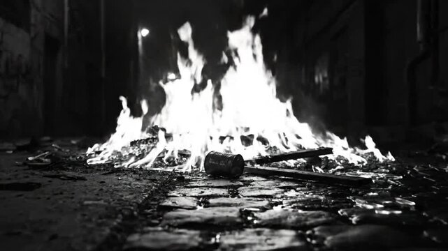 Low angle view of a nighttime fire burning in an urban environment with smoke rising