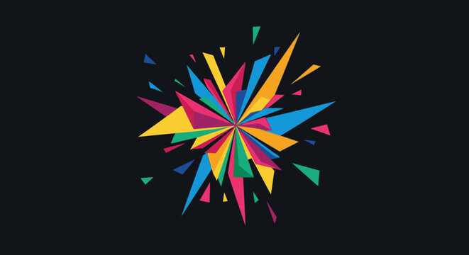 Abstract explosion of colorful geometric shapes and sharp shards on a dark background, symbolizing creativity and energy