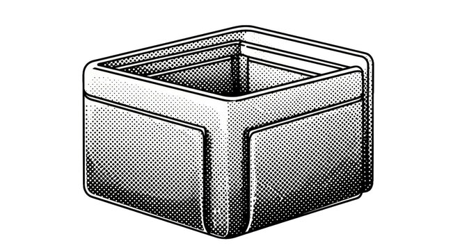 Retro halftone pop art illustration of empty square container box with vintage comic book style shading and textures