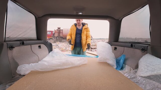 A mysterious man in a yellow jacket unpacks a large sheet of plywood or chipboard from the trunk of his car, all this takes place in a huge, abandoned dump with trucks