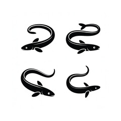 Fototapeta premium Four stylized black silhouettes of eels in curved positions